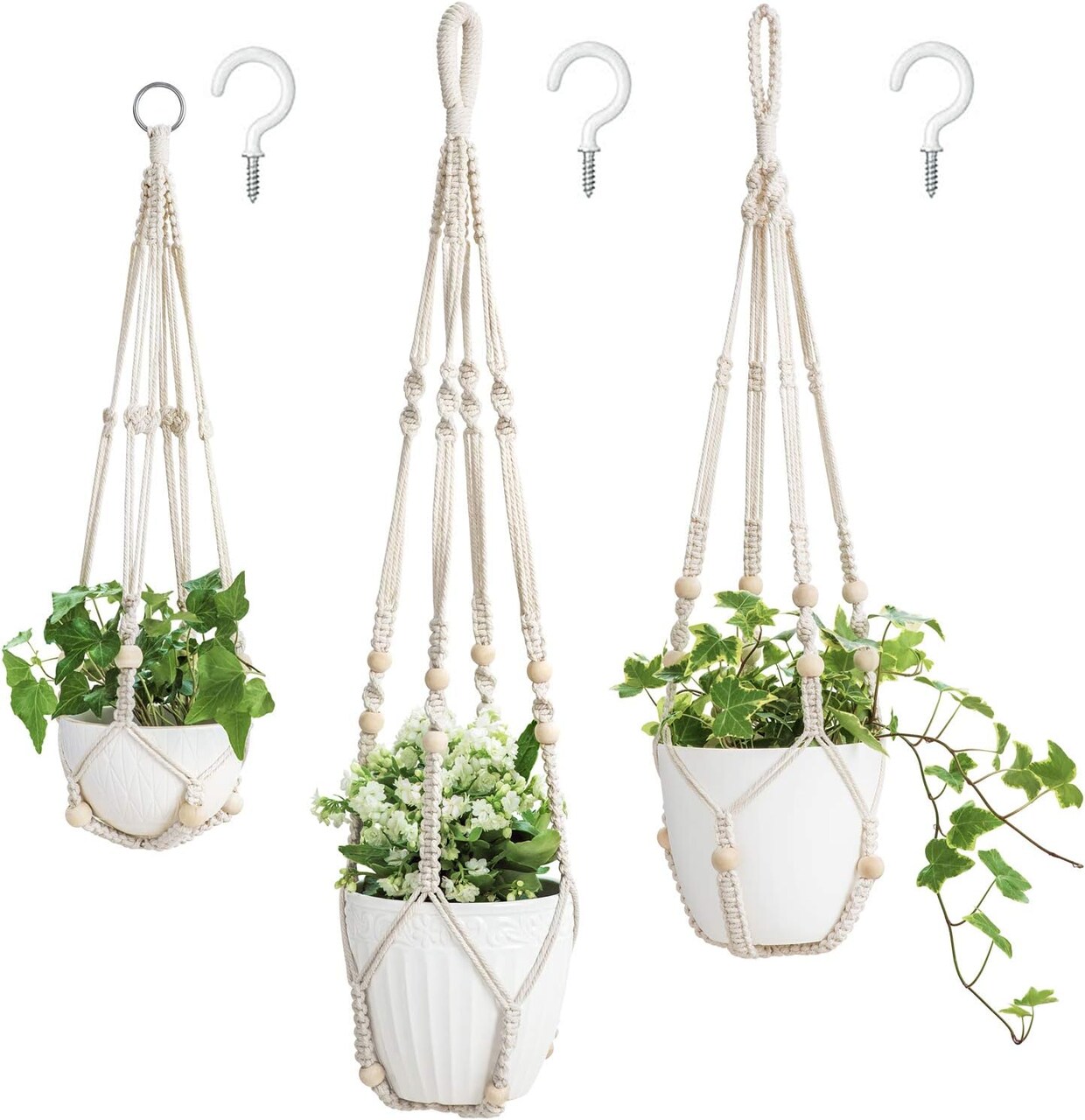 3-Pack Macramé Plant Hangers – Ivory Indoor Hanging Planter Holders with Beads, No-Tassel Design, Medium Size Set (35" / 29" / 23") for Flower Pots